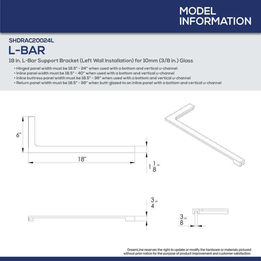 Bathtub Accessories * | Dreamline 18 In. L-Bar Support Bracket (Left Wall Installation) For 10 Mm (3/8 In.) Glass In Oil Rubbed Bronze