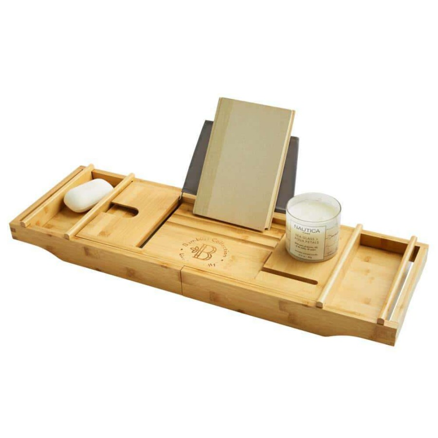 Bathroom Organizers * | Bambusi Bathtub Caddy Tray With Book And Wine Holder For A Spa Relaxing Bath With Extendable Arms